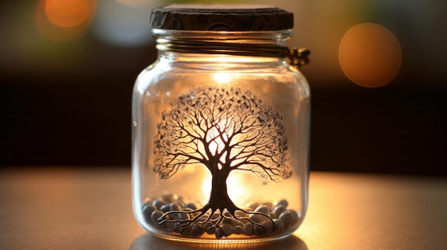 A small tree growing inside a glass jar created with Generative AI technology