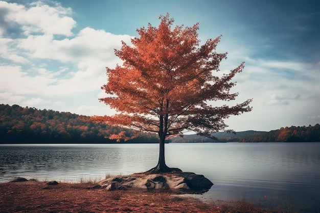 A small tree growing on a lake