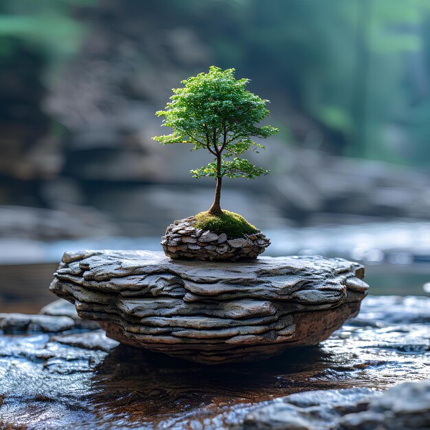 A small tree growing on a rock in a stream