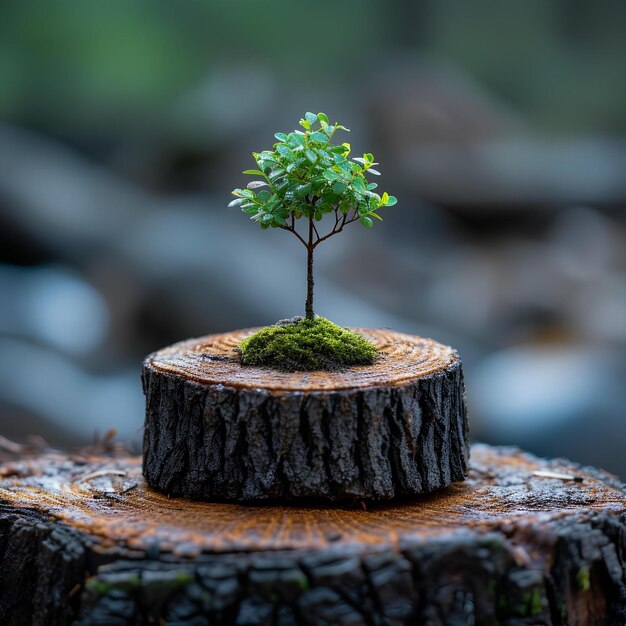 A small tree growing on top of a tree stump