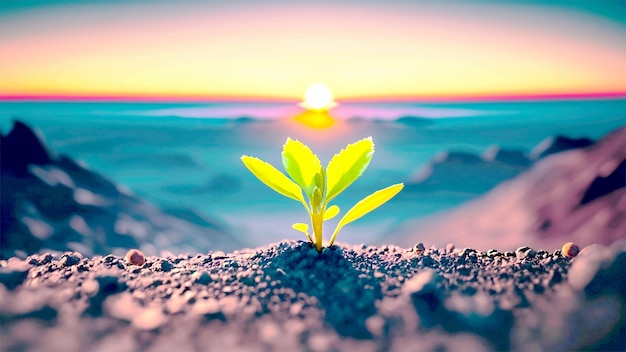 Small tree growing with sunshine in garden