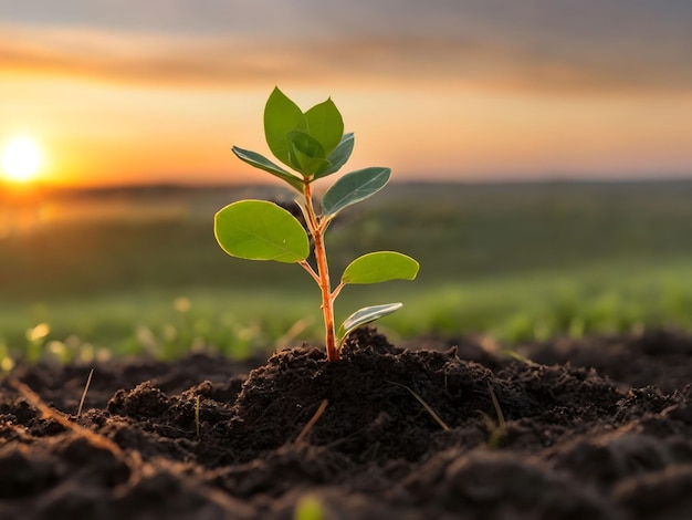 Photo a small tree growing with sunshine in the soil eco earth day concept