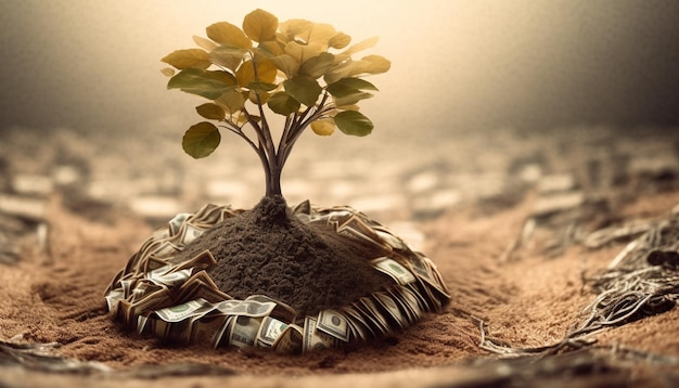 A small tree is growing out of a pile of money.