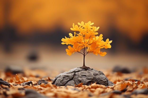 a small tree is growing out of a rock in the middle of a field