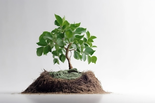 A small tree is growing on a pile of dirt