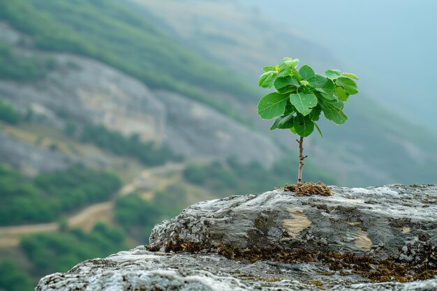 Foto un piccolo albero sta crescendo su una roccia in montagna.