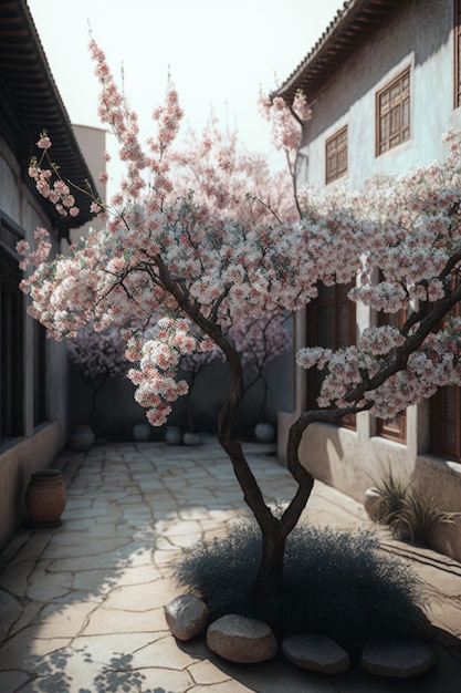 Small tree in the middle of a courtyard generative ai