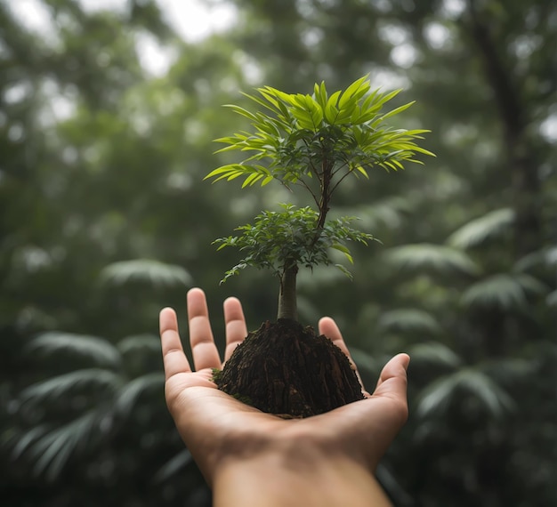 A small tree above my hand in the green forest