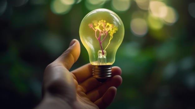 A small tree planted in an energysaving light bulb holding by a hand green energy Generative AI