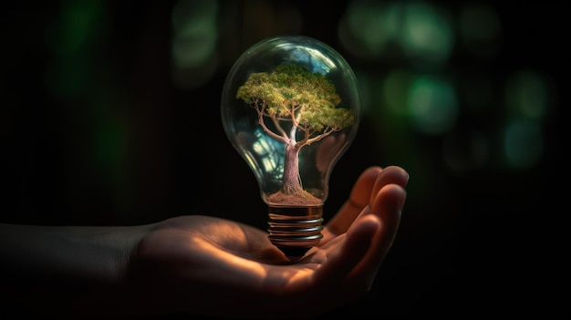 Небольшое дерево, посаженное в энергосберегающую лампочку, держащее за руку зеленую энергию Генеративный ИИ
