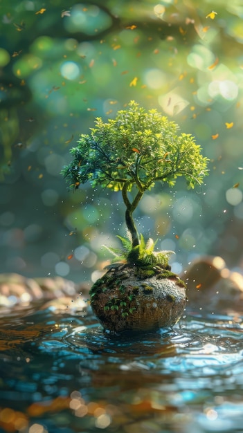 a small tree in the water with the water drops falling