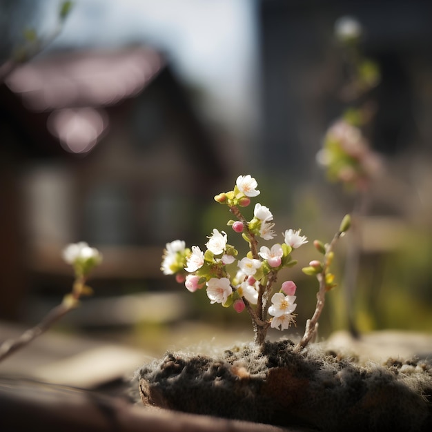 ピンクと白の花を咲かせる小さな木が鉢の中で育っています。