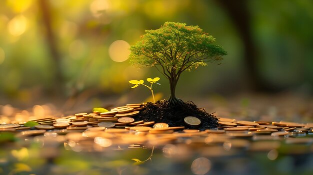 Small trees on a pile of gold coins and a natural green background Money saving ideas stock photo