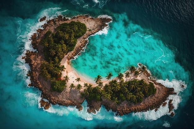Small tropical island in the ocean Ai Top view