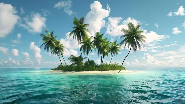 Small tropical island with palm trees in the middle of the ocean White sand beach and crystal clear water