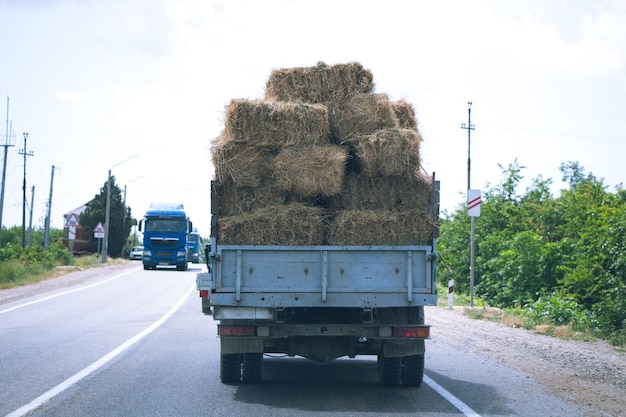 A small truck rides along the road and carries hay