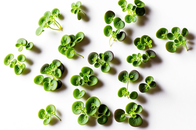 白い背景の上の繊細な薄い microgreens の小さな房