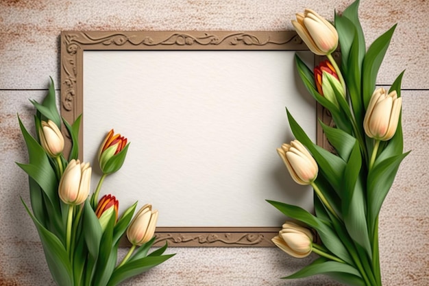 Small tulips greeting card in little border of blank backboard