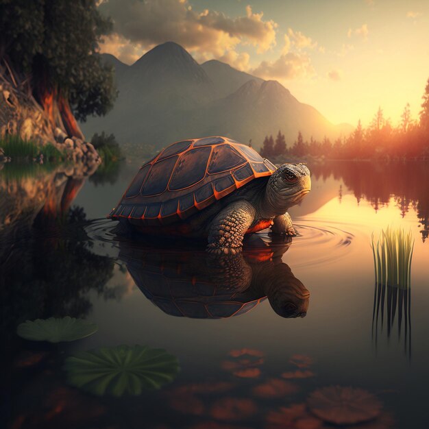 small turtle in lake generative AI