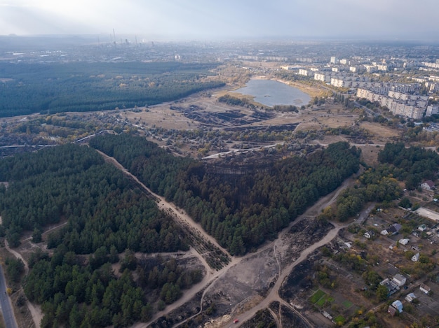 Small ukrainian city from above in summer. Retro