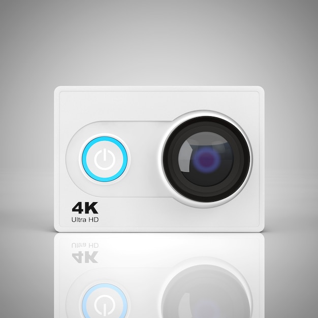 Small Ultra HD Action Camera on a white background. 3d Rendering