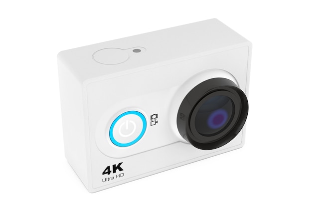 Piccola action cam ultra hd su sfondo bianco. rendering 3d