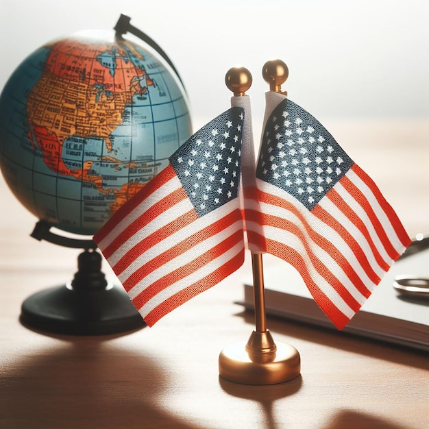 Photo a small usa flag on a table and a globe beside it