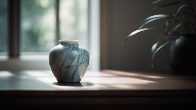 A small vase sits on a table in front of a window.