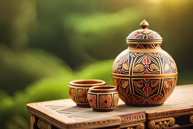 A small vase and some other pottery on a table