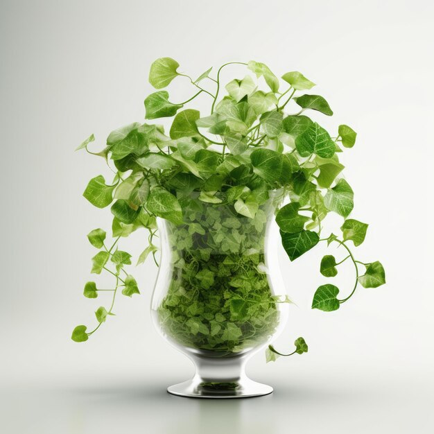 Small Vase with Green Plant on White Background