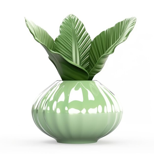 白い背景の上の緑の植物と小さな花瓶
