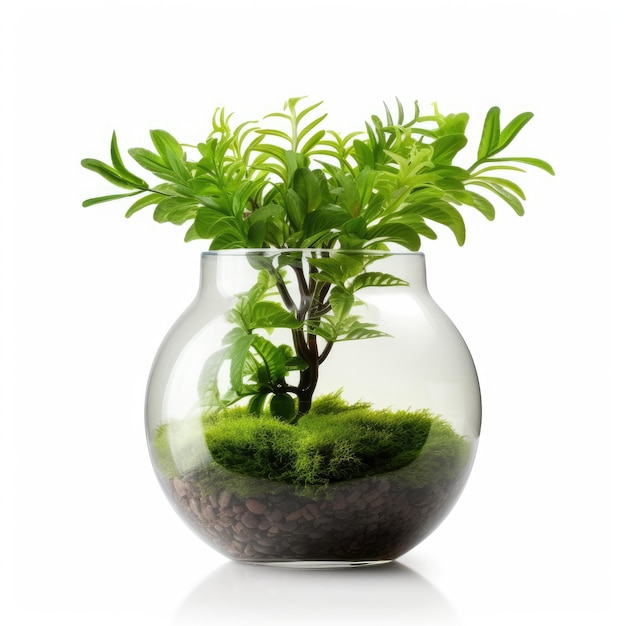 Small Vase with Green Plant on White Background