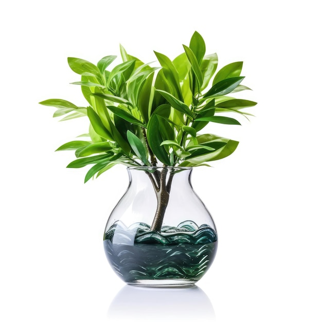 Small Vase with Green Plant on White Background