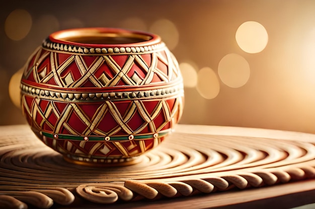 a small vase with a red and gold pattern on it