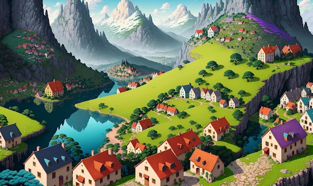 Small village community settlement town in the hills anime landscape background wall art scifi print fantasy Generative AI