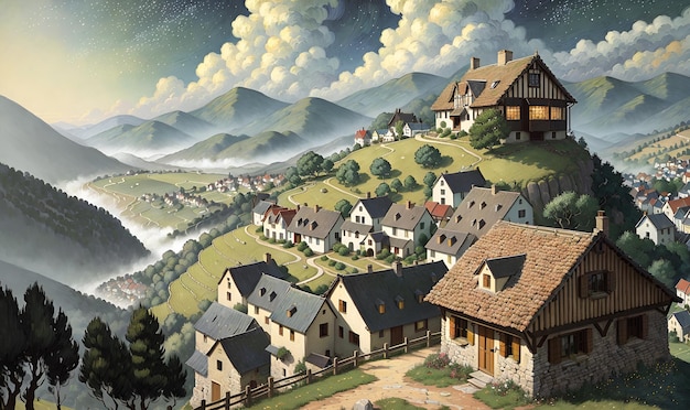 Small village community settlement town in the hills anime landscape background wall art scifi print fantasy Generative AI