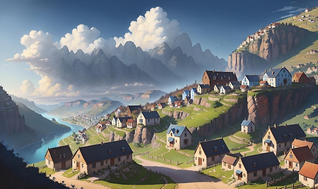 Photo small village community settlement town in the hills anime landscape background wall art scifi print fantasy generative ai