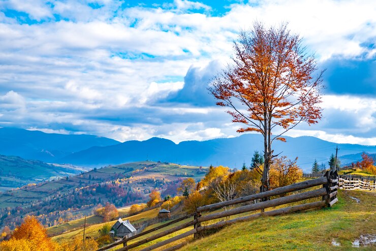 Photo a small village under fantastic hills covered with autumn colorful forests