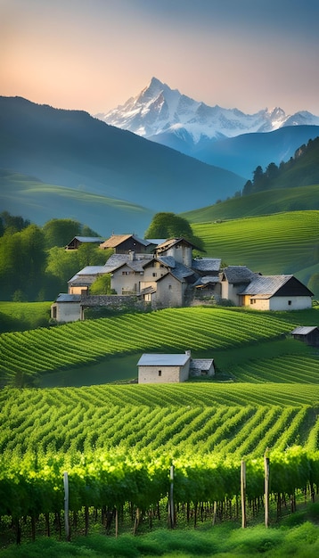 Small village in the middle of green vineyard