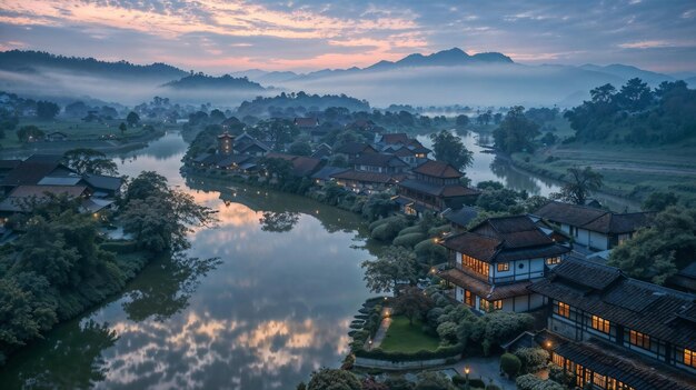 Photo a small village in the morning with a lake in the foreground