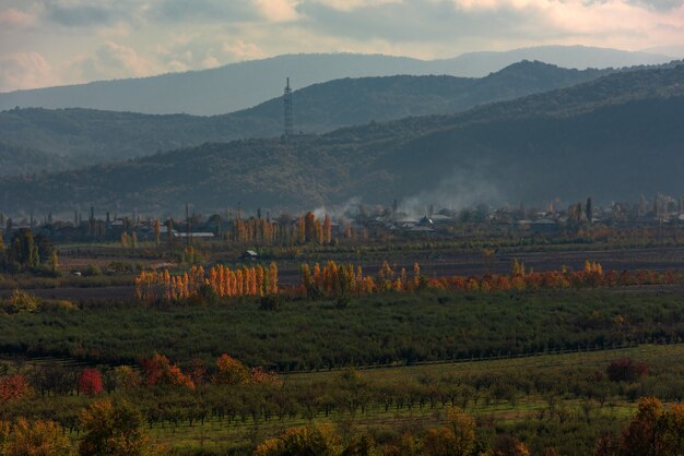 Small village in mountainous area at autumn season