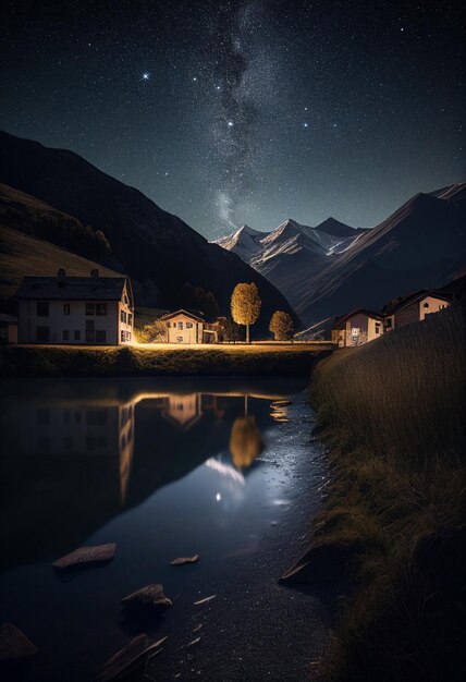 Small village in the mountains at night AI Generated