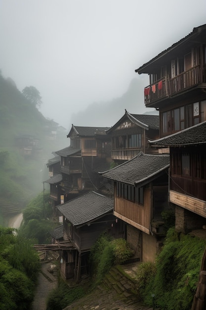 A small village in the mountains in the rain