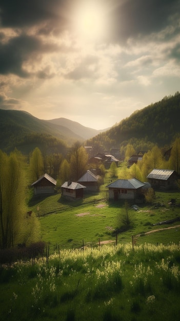 A small village in the mountains with a cloudy sky