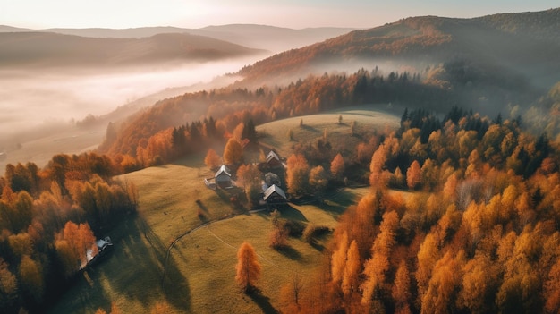 A small village in the mountains with a foggy sky