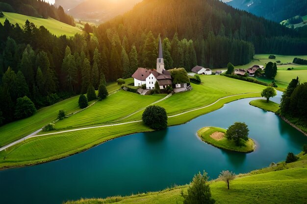 A small village in the mountains with a lake and a church