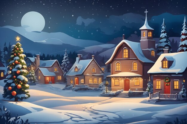 In a Small Village on a Winter Night Background ai generated