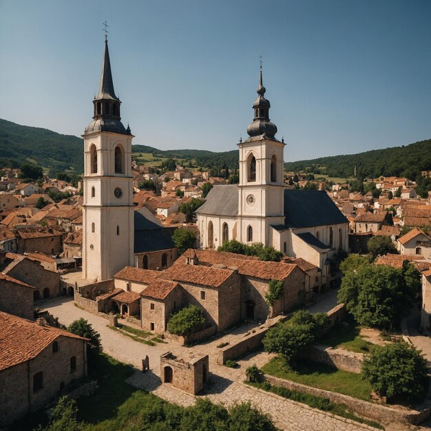 Photo a small village with a church and a bell tower