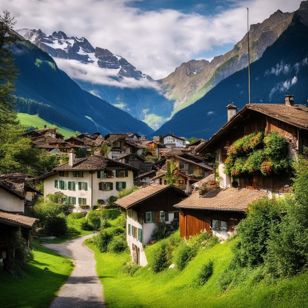 a small village with a mountain in the background