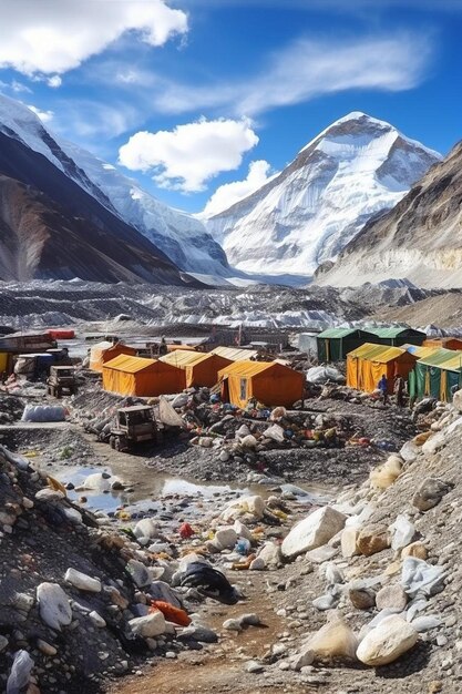 a small village with a mountain in the background